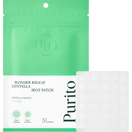 Purito Wonder Releaf Centella Spot Patch 51 st fläcklapp för punktbehandling i grön och vit plastförpackning