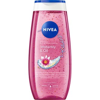 Nivea Waterlily & Oil 250ml duschtvål med näckrosolja för torr hud i rosa transparent flaska med vita detaljer