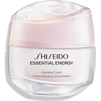 Shiseido Essential Energy Hydrating Cream ansiktskräm med hyaluronsyra i en skimrande rosa glasburk med vågformat lock