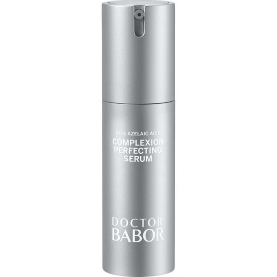 Doctor Babor Complexion Perfecting Serum 30 ml med azelainsyra ger jämn hudstruktur i en silvrig pumpflaska.