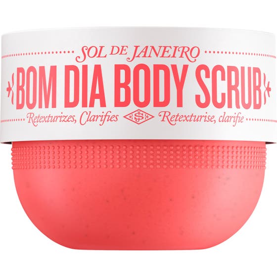 Sol de Janeiro Bom Dia Body Scrub 220 g exfolierande kroppsskrubb som ger lyster i en rosa burk med vit etikett
