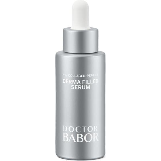 Doctor Babor Derma Filler Serum babor derma collagen peptide serum anti-rynk behandling i en silvergrå flaska med vit pipett