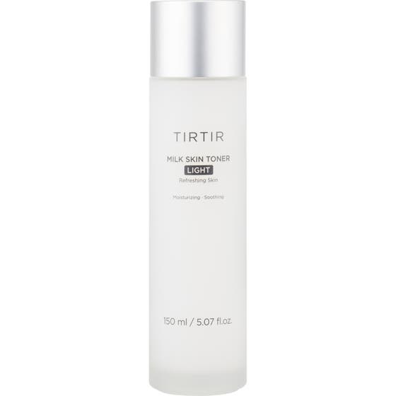 TIRTIR Milk Skin Toner Light 150 ml fuktgivande ansiktsvatten känslig hud i en frostad vit flaska med silverlock.