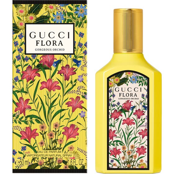 Gucci Flora Gorgeous Orchid 50 ml blommig parfym i gul flaska med guldkork och blommig ask ur Gucci Flora kollektion