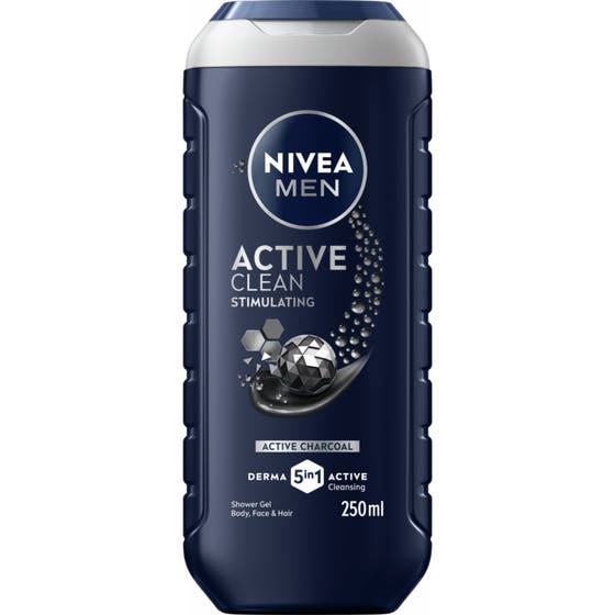 Nivea Men Active Clean 250 ml duschgel 3-i-1 för aktiva män som rengör med aktivt kol i svart flaska med silverdetaljer