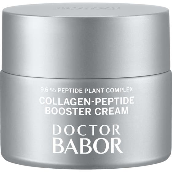 Doctor Babor Collagen-Peptide Booster Cream ansiktskräm som ger spänst i en matt silverfärgad burk med vit text