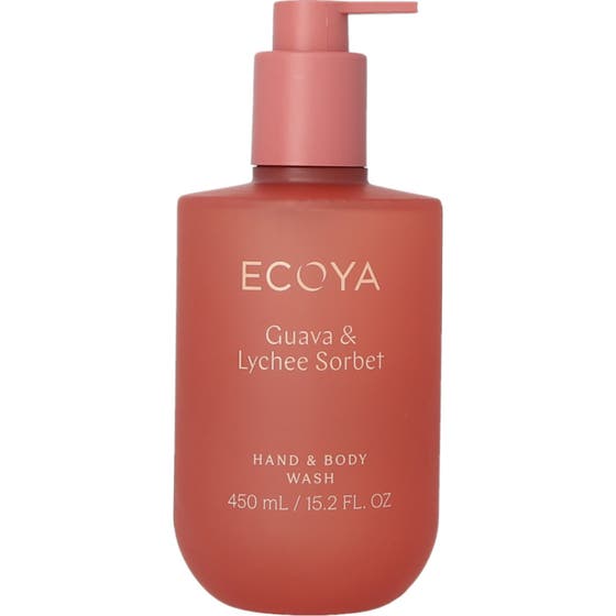 Ecoya Guava & Lychee Sorbet 450 ml hand- och kroppstvål som rengör huden i en matt korallfärgad flaska med pump