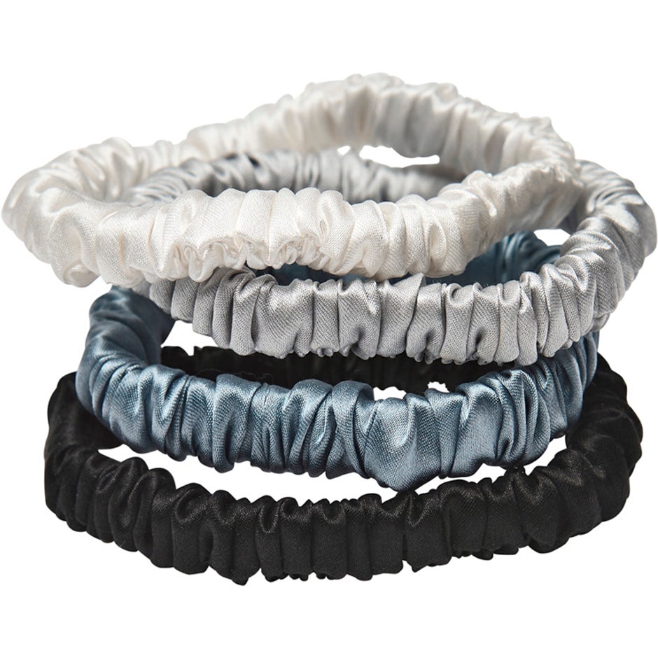 Lenoites Mulberry Silk Skinny Scrunchies White/Light Grey/Blue/Black - 4 pcs