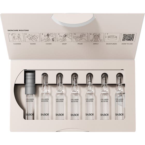 Babor Ampoule Collagen Booster 14 ml serum ger kollagen för huden i öppen box med sju glasampuller och guide.