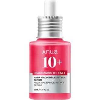 Anua Niacinamide 10% + TXA 4% Dark Spot Correcting Serum 30 ml mot mörka fläckar i glasflaska med rött serum och vit pipett