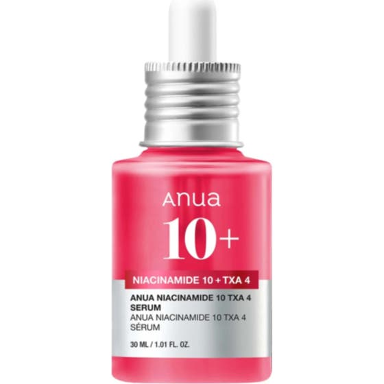 Anua Niacinamide 10% + TXA 4% Dark Spot Correcting Serum 30 ml mot mörka fläckar i glasflaska med rött serum och vit pipett