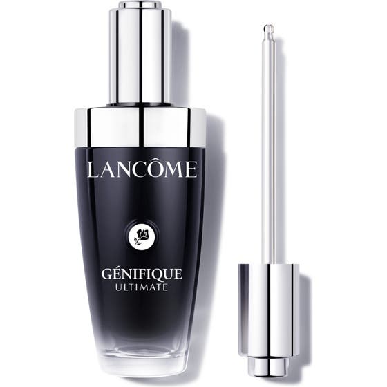 Lancôme Génifique Ultimate anti aging serum för mogen hy i svart tonad glasflaska med silverfärgad dropper.