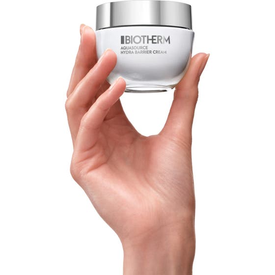 Biotherm Aquasource Hydra Barrier 50 ml återfuktande ansiktskräm med blå bubblor som symboliserar fukt