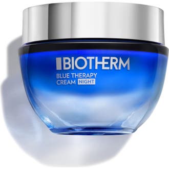 Biotherm Blue Therapy Night Cream 50 ml återfuktande nattkräm i en djupt blå glasburk med blankt silverlock.