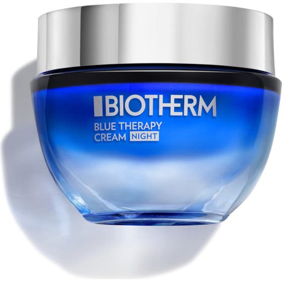 Biotherm Blue Therapy Night Cream 50 ml återfuktande nattkräm i en djupt blå glasburk med blankt silverlock.