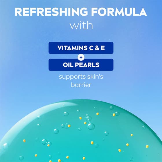 NIVEA Hawaii Flower & Oil 250 ml återfuktande NIVEA duschgel med blomdoft och vårdande oljepärlor bland vita blomblad.