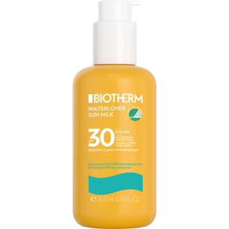 Biotherm Waterlover Sun Milk 200 ml solskyddsfaktor 30 är en miljövänlig solmjölk i gul flaska med vit pump.