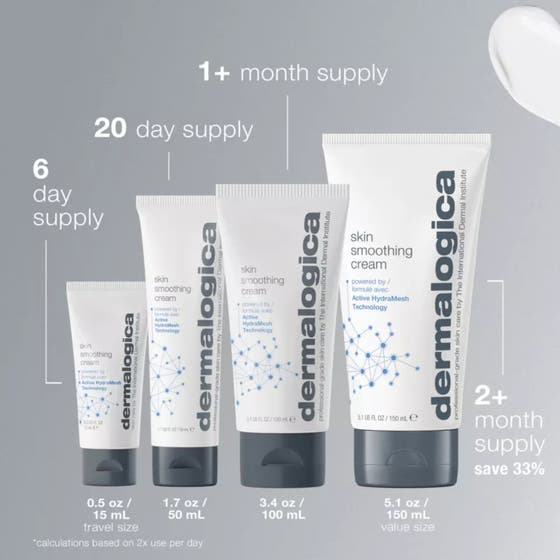 Dermalogica Skin Smoothing Cream 50 ml återfuktande dermalogica ansiktskräm i vit tub framför blå box med 48 hours hydration
