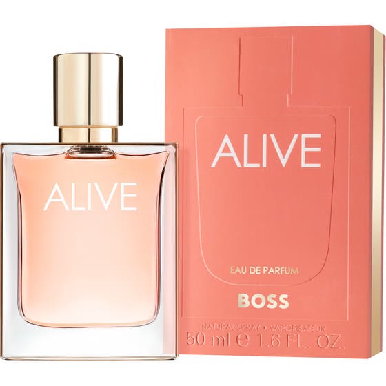 Hugo Boss Boss Alive 50ml edp damparfym i stilren glasflaska med guldkork och rosa ytterkartong