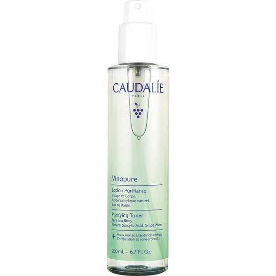 Caudalie Vinopure Purifying Toner 200 ml renande ansiktsvatten i genomskinlig grön plastflaska med vitt lock