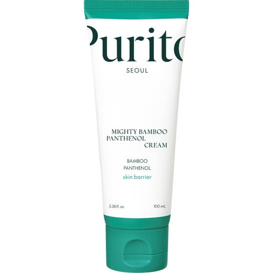 Purito Seoul Mighty Bamboo Panthenol Cream 100 ml stärker hudbarriären i en vit tub med mörkgrönt lock
