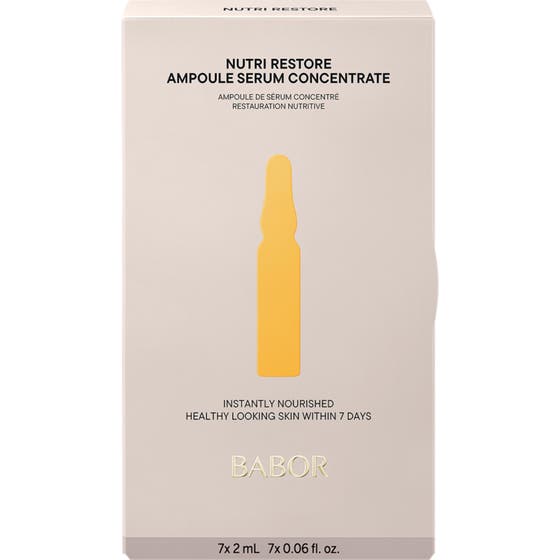 Babor Nutri Restore Ampoule 14 ml hudbarriär fuktgivande nutriampull i beige förpackning med gul siluett.