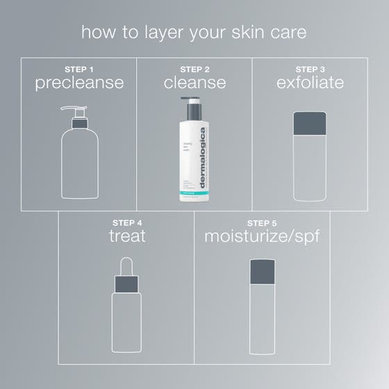 Dermalogica Clearing Skin Wash 250 ml porrensande rengöringsgel doseras som en klar gel från en vit pumpflaska i handen.