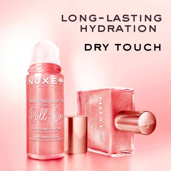 Nuxe Huile Prodigieuse Or Florale Roll-On 60 ml lystergivande kroppsolja som ger lyster på två kvinnor med skimmer.