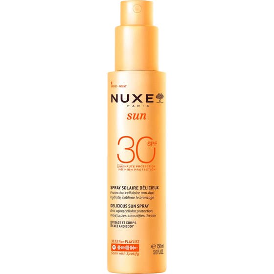 Nuxe Sun Spray SPF30 150 ml ger anti-aging solskydd och hydrering i en hög orange sprayflaska med pump.