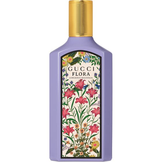 Gucci Flora Gorgeous Magnolia 100 ml magnolia parfym i lila glasflaska med guldfärgad kork och blommönster