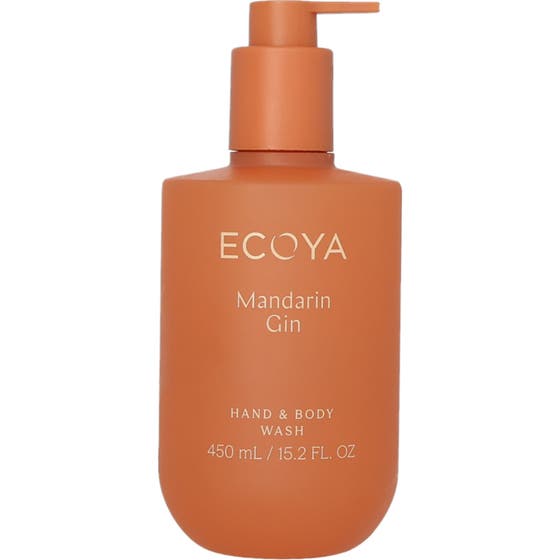 Ecoya Mandarin Gin Hand & Body Wash 450 ml uppfriskande rengöring i en matt orange flaska med guldig text och pump.