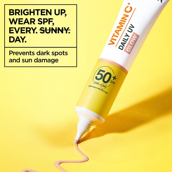 Garnier Vitamin C Glow Daily UV Fluid 40 ml visar beige kräm på två fingrar för daglig vitamin c hudvård med ansikts spf50