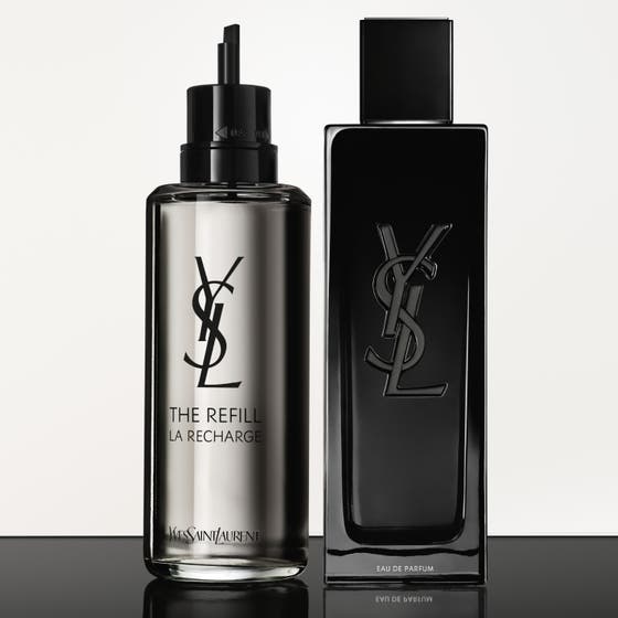 Yves Saint Laurent MYSLF Eau de Parfum 150 ml designer parfym herr med refill flaska i glas bredvid svart flaska