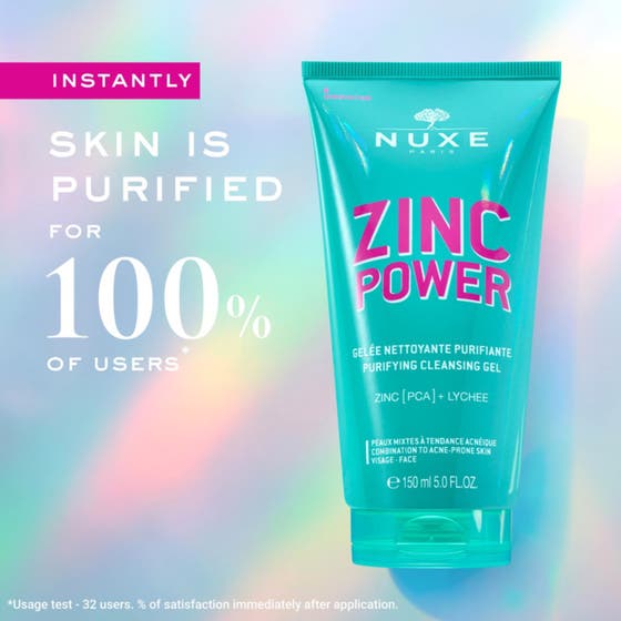 Nuxe Zinc Power Purifying Cleansing Gel 150 ml renande ansiktsrengöring i turkos tub med rosa text och gelvirvlar