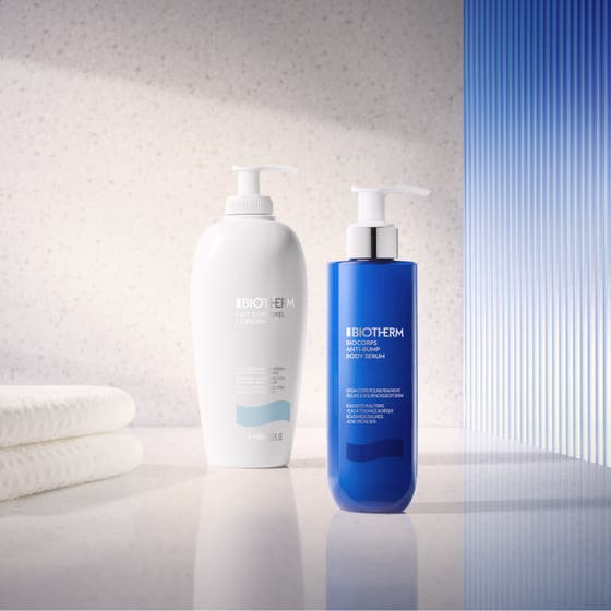 Biotherm Biocorps Body Serum 200 ml kemisk peeling kropp i en vit och blå ytterbox som ger förnyad lyster.