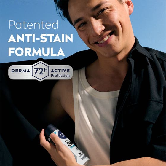NIVEA MEN Black & White Fresh Spray 150 ml anti-fläck antiperspirant spray ger en fräsch doft mot mörk rökig bakgrund