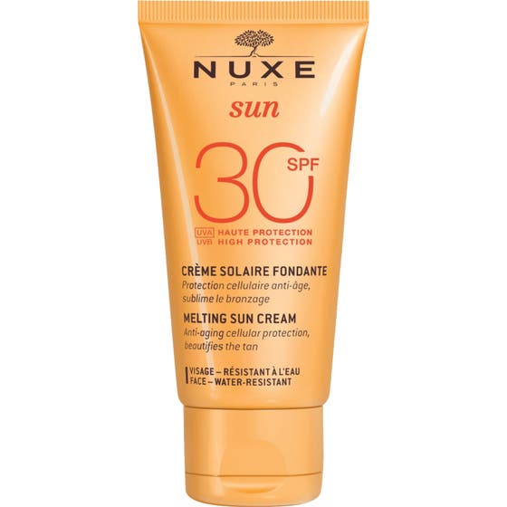 Nuxe Sun Melting Sun Cream nuxe spf30 är ett Nuxe antiaging solskydd i persikofärgad tub och krämig solkräm för ansiktet