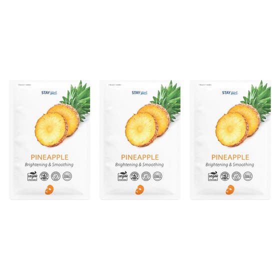 Stay Well Pineapple Brightening & Smoothing 3-pack vegansk arkmask ananas ger lyster i vita påsar med ananasskivor.