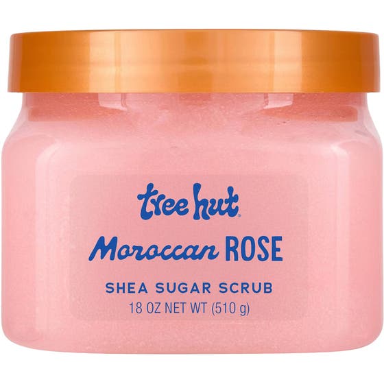 Tree Hut Shea Sugar Scrub Moroccan Rose 510 g kroppsskrubb ger lyster med sin rosa korniga textur och kopparfärgat lock