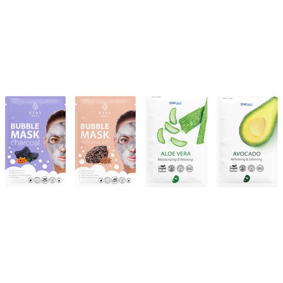 Stay Well Sheet Masks 4 st lugnande ansiktsmask och bubble sheet mask för djuprengörande porreglering i färgglada påsar.