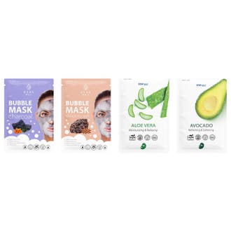 Stay Well Sheet Masks 4 st lugnande ansiktsmask och bubble sheet mask för djuprengörande porreglering i färgglada påsar.