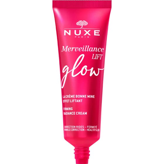 Nuxe Merveillance Lift Glow 50 ml uppstramande kräm ansikte i rosa tub bland matchande burkar med guldlock.