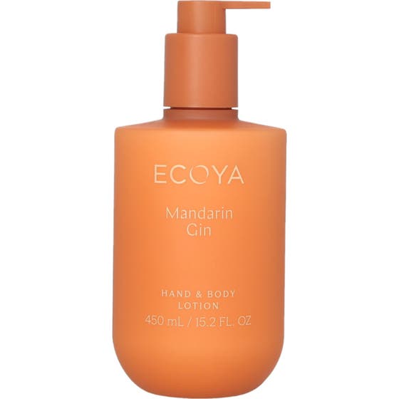 Ecoya Mandarin Gin Hand & Body Lotion 450 ml återfuktande kroppslotion i en orange pumpflaska med matt finish