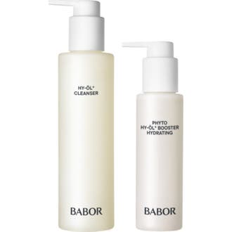 Babor HY-ÖL Cleanser och Booster Hydrating återfuktande ansiktsrengöring i frostade plastflaskor med vita pumpar.