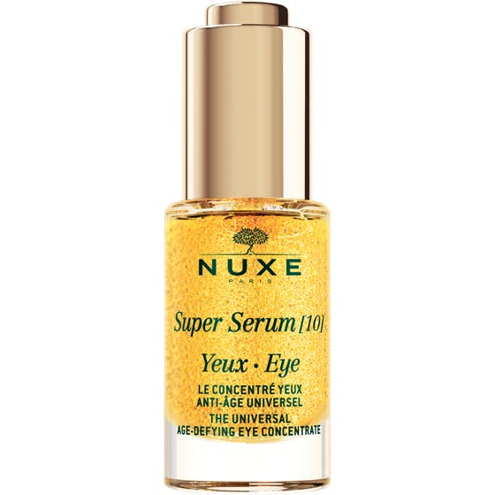 Nuxe super serum ögon 15ml anti-rynk ögonserum i glasflaska med guldlock fylld av gyllene mikrokapslar
