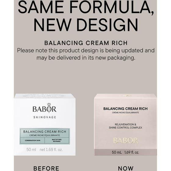 Babor Balancing Cream rich 50 ml balanserande ansiktskräm i frostad glasburk på minimalistiska podier.