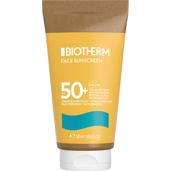 Biotherm Waterlover Face Sunscreen 50 ml anti age solkräm spf50 i gul miljövänlig tub med bruna detaljer.