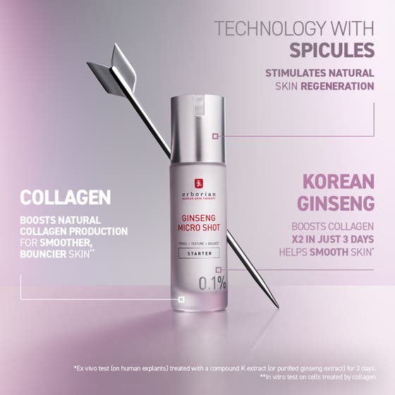 Erborian Ginseng Micro Shot 30 ml serum för fasthet med collagen och spicules visas bredvid en pil på lila bakgrund