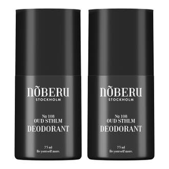 Nõberu Stockholm Oud Deodorant Duo 2x75 ml skyddande kroppsvård i två mattsvarta cylindriska hylsor