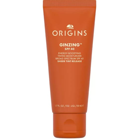 Origins GinZing SPF 40 50 ml solkräm ansikte med färg i en klarorange tub som ger huden lyster.